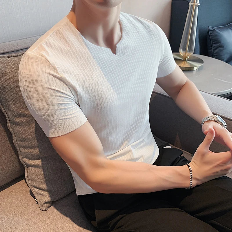 DMSLIDERZ | Men's Slim Fit V-Neck Striped Short Sleeve T-Shirt