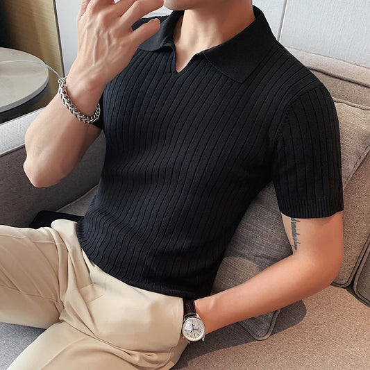 DMSLIDERZ | Men's Business British Striped Knitted Polo Shirt V Lapel Short