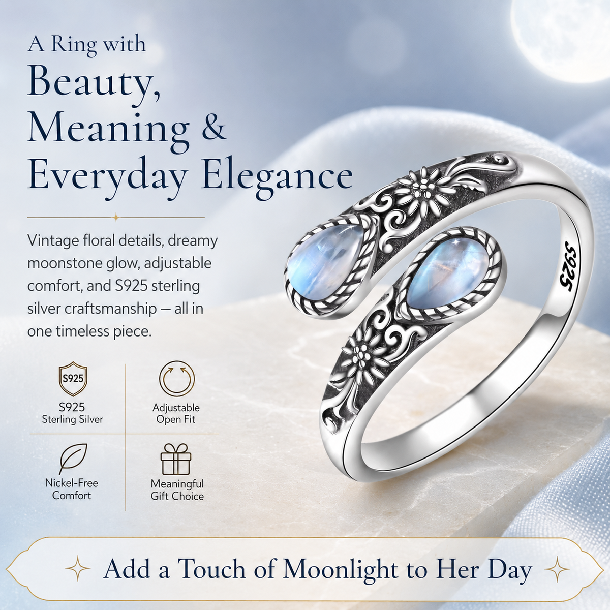 Moonstone Bloom Adjustable Ring