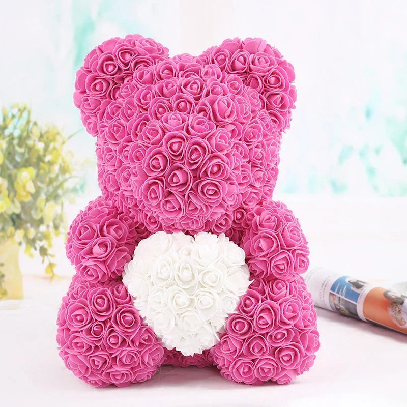 Rose Bear Artificial Flower Teddy Bear - Handmade PE Foam Everlasting Roses Gift for Women - Romantic Anniversary and Valentines Decor - 40cm Red