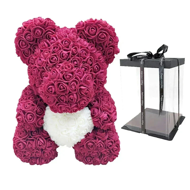 Rose Bear Artificial Flower Teddy Bear - Handmade PE Foam Everlasting Roses Gift for Women - Romantic Anniversary and Valentines Decor - 40cm Red