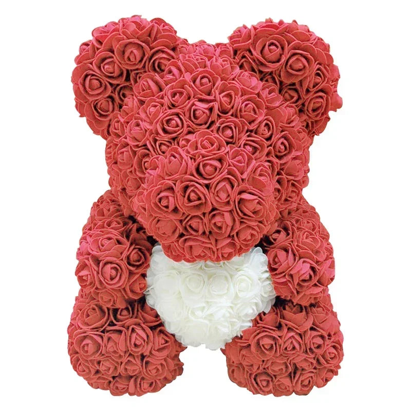 Rose Bear Artificial Flower Teddy Bear - Handmade PE Foam Everlasting Roses Gift for Women - Romantic Anniversary and Valentines Decor - 40cm Red