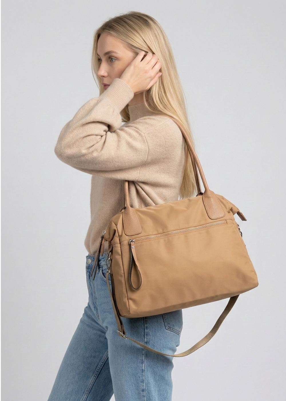 Khaki Nylon Tote Bag for School | Lisbon