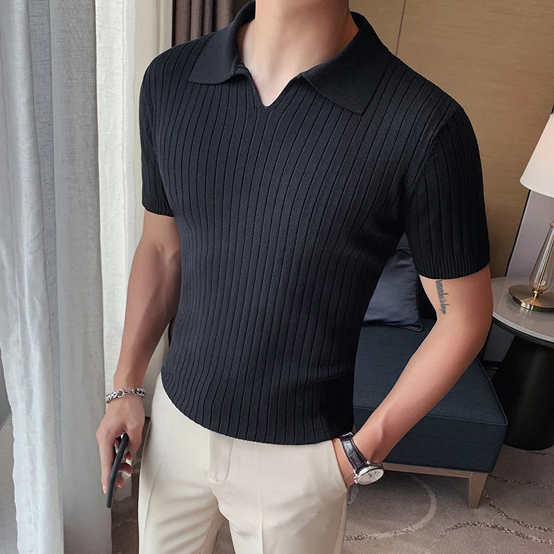 DMSLIDERZ | Men's Business British Striped Knitted Polo Shirt V Lapel Short
