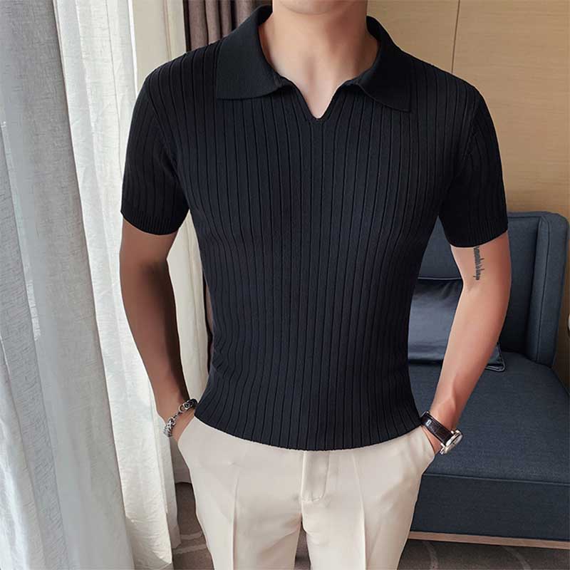 DMSLIDERZ | Men's Business British Striped Knitted Polo Shirt V Lapel Short