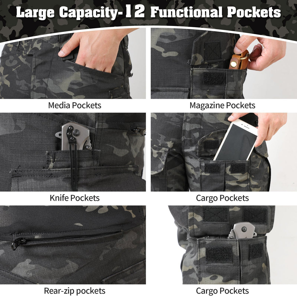 Rip-Stop Camo Combat Trousers with Knee Pads