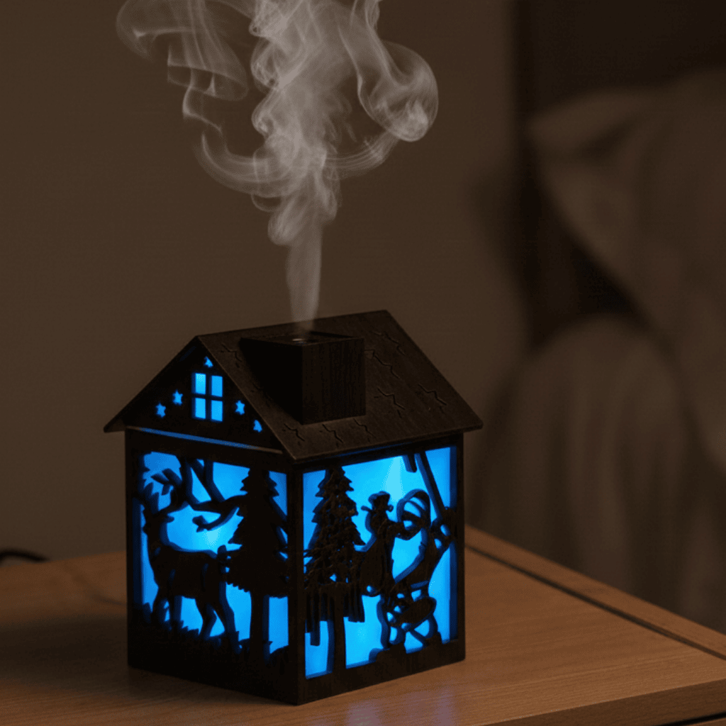 HOUSEGLOW – Wooden House Aroma Diffuser, 240ML Essential Oil Humidifier with Night Light